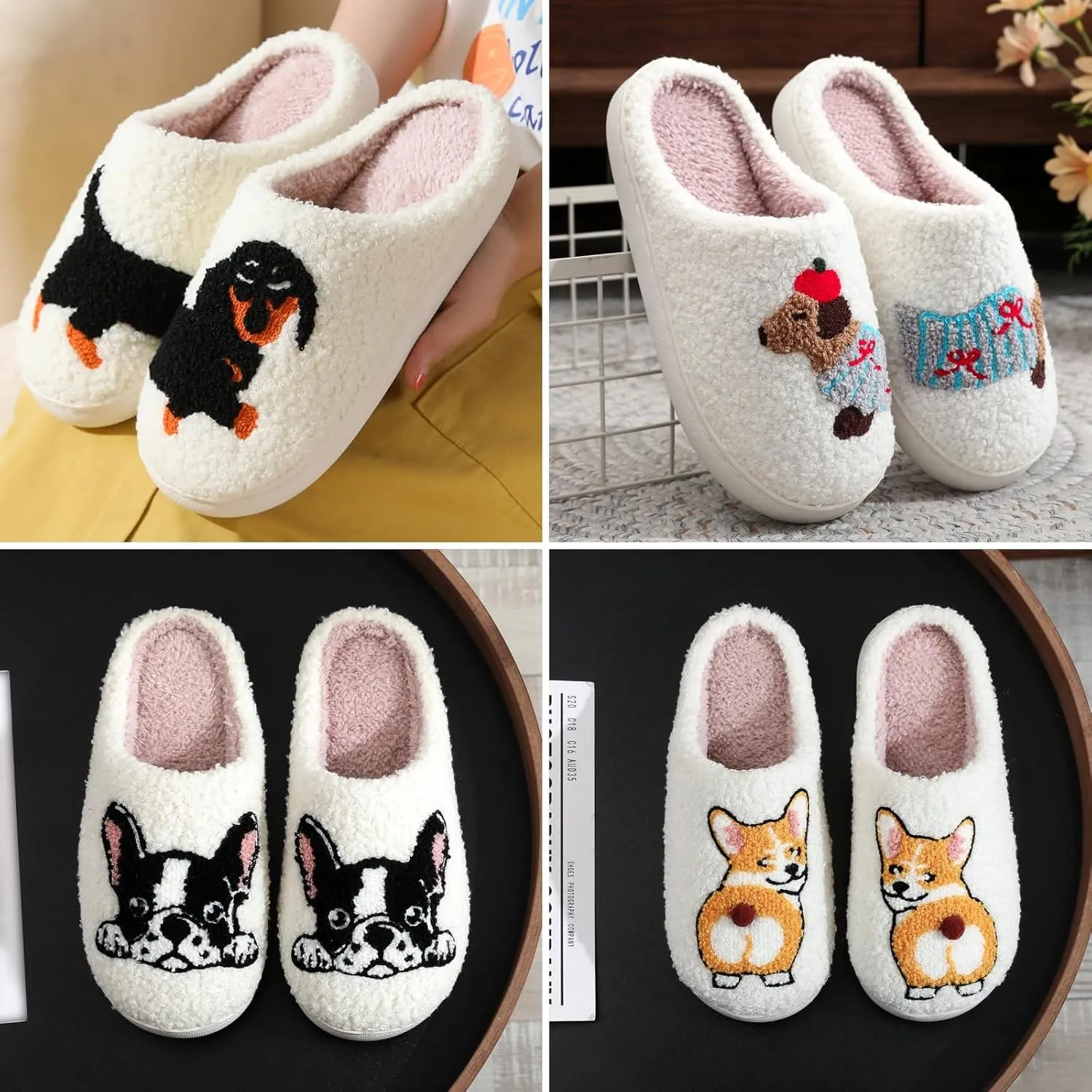 Dog Slippers for Women and Men with Cute Embroidered Dachshund French Bulldog Corgi or Poodle Design Cozy Plush Indoor House Shoes with Memory Foam and Non Slip Sole Unisex Fit