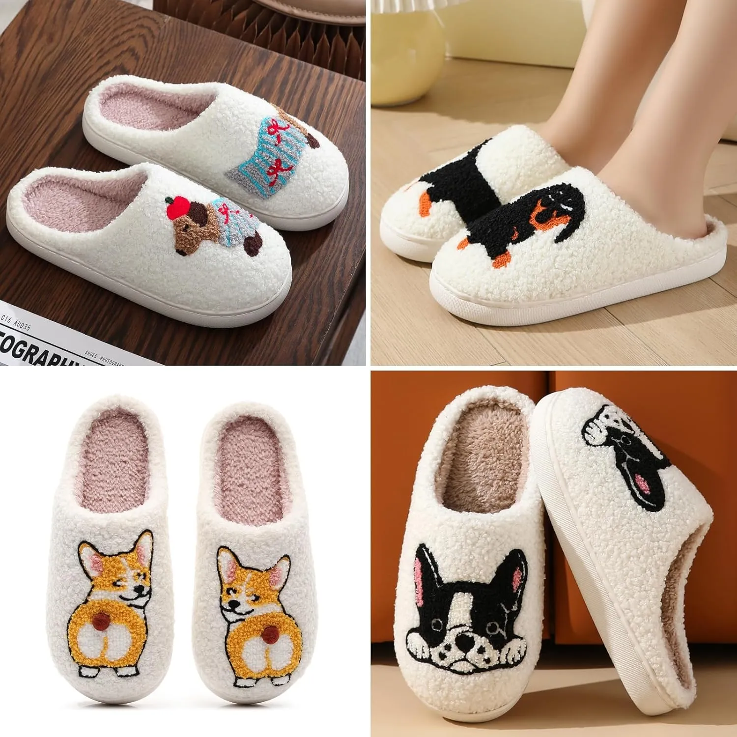 Dog Slippers for Women and Men with Cute Embroidered Dachshund French Bulldog Corgi or Poodle Design Cozy Plush Indoor House Shoes with Memory Foam and Non Slip Sole Unisex Fit