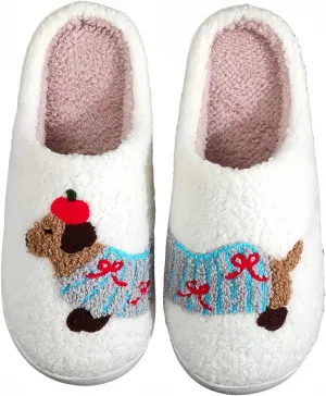 Dog Slippers for Women and Men with Cute Embroidered Dachshund French Bulldog Corgi or Poodle Design Cozy Plush Indoor House Shoes with Memory Foam and Non Slip Sole Unisex Fit