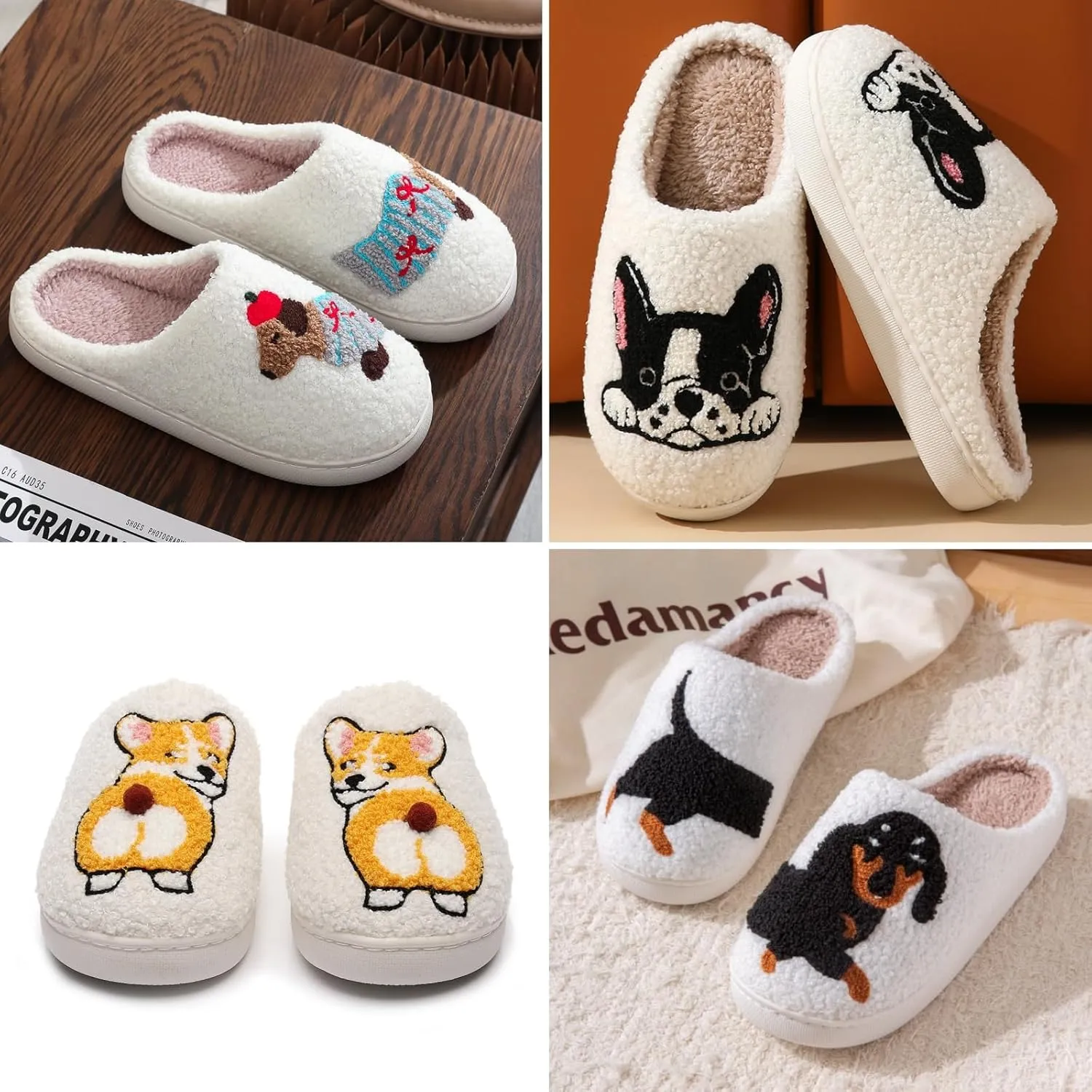 Dog Slippers for Women and Men with Cute Embroidered Dachshund French Bulldog Corgi or Poodle Design Cozy Plush Indoor House Shoes with Memory Foam and Non Slip Sole Unisex Fit