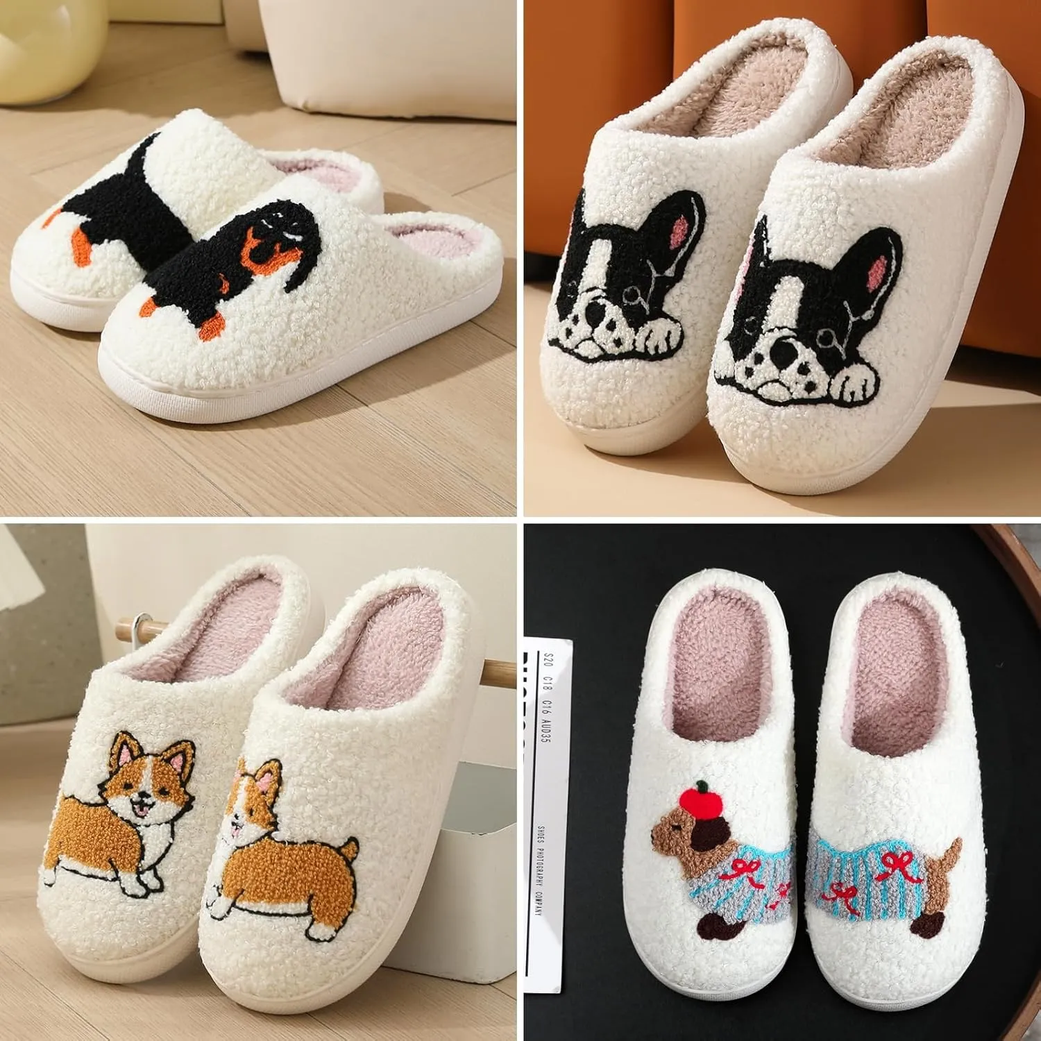 Dog Slippers for Women and Men with Cute Embroidered Dachshund French Bulldog Corgi or Poodle Design Cozy Plush Indoor House Shoes with Memory Foam and Non Slip Sole Unisex Fit