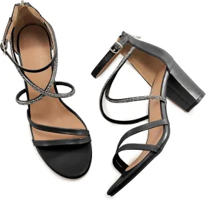 Ecetana Heels for Women Open Toe Ankle Strap Buckle Rhinestone Sandals Block Chunky Sexy Shoes for Party Wedding
