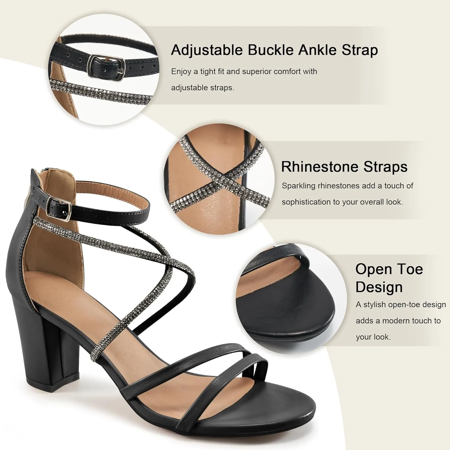 Ecetana Heels for Women Open Toe Ankle Strap Buckle Rhinestone Sandals Block Chunky Sexy Shoes for Party Wedding