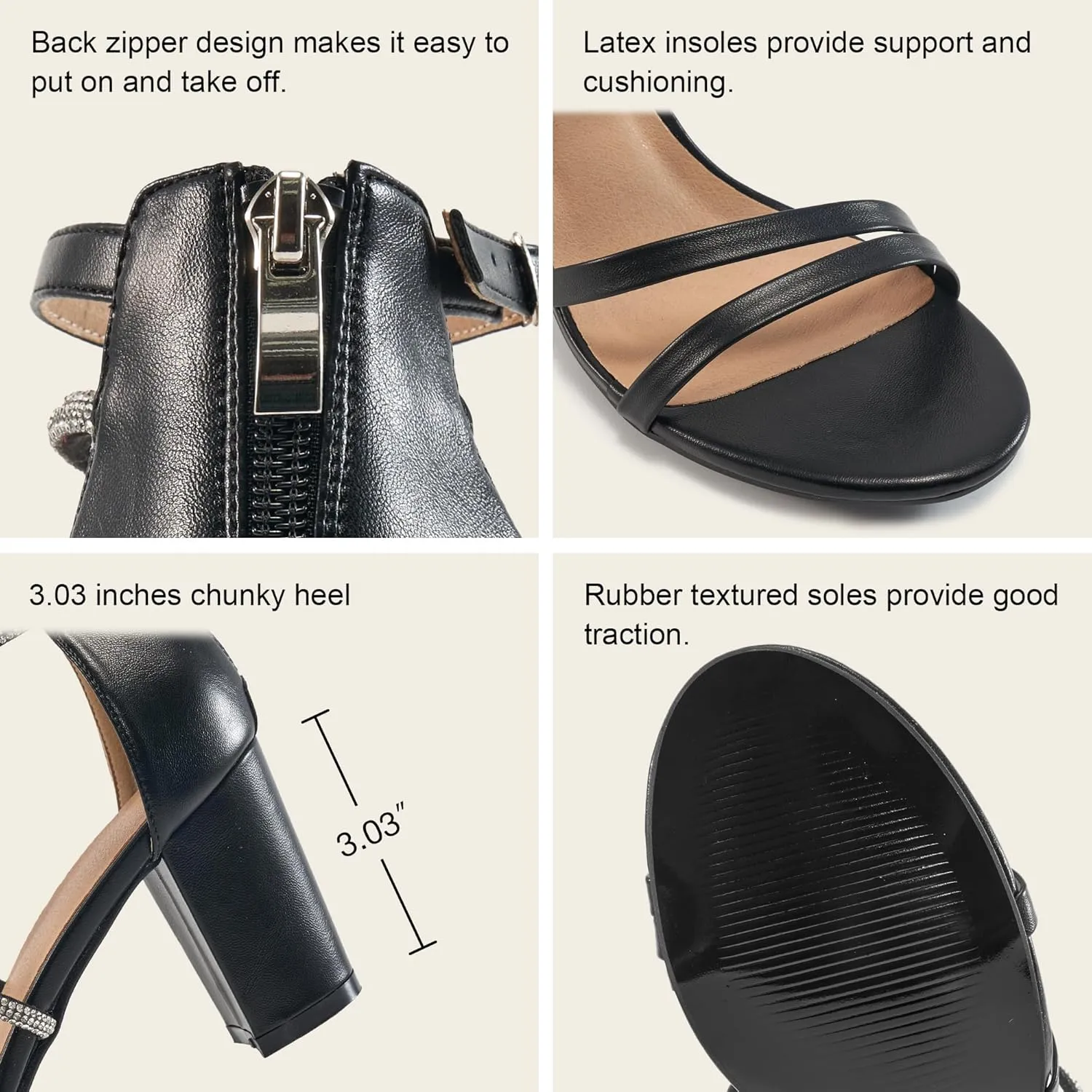 Ecetana Heels for Women Open Toe Ankle Strap Buckle Rhinestone Sandals Block Chunky Sexy Shoes for Party Wedding