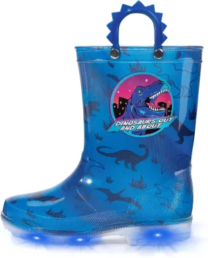 EUXTERPA Toddler Kids Waterproof Light Up Rain Boots Patterns and Glitter Boots with Handles for Boys, Roar Dinosaur, Big Kid Size 2