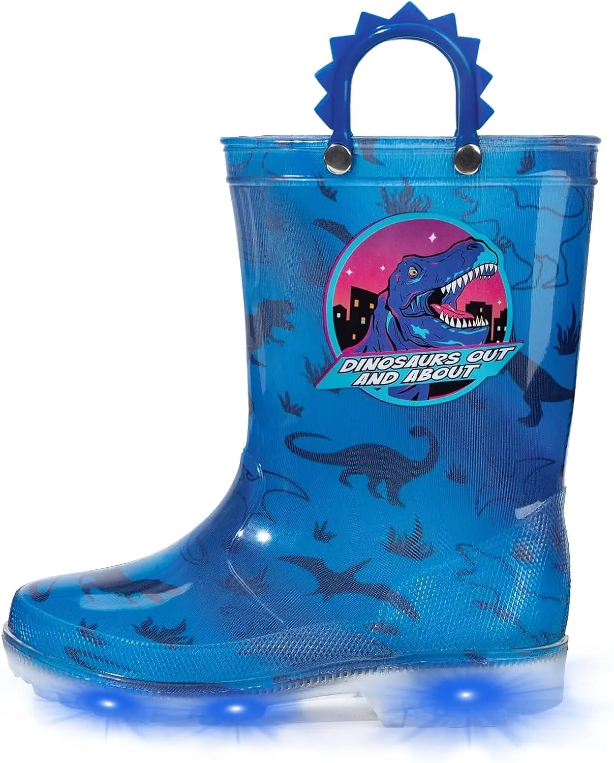 EUXTERPA Toddler Kids Waterproof Light Up Rain Boots Patterns and Glitter Boots with Handles for Boys, Roar Dinosaur, Big Kid Size 2