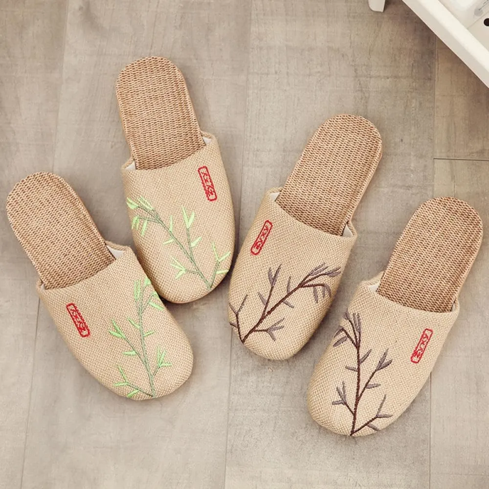 Gaolinci Linen Embroidered Slippers, Breathable Summer Home Slippers, Mens and Womens Sandals