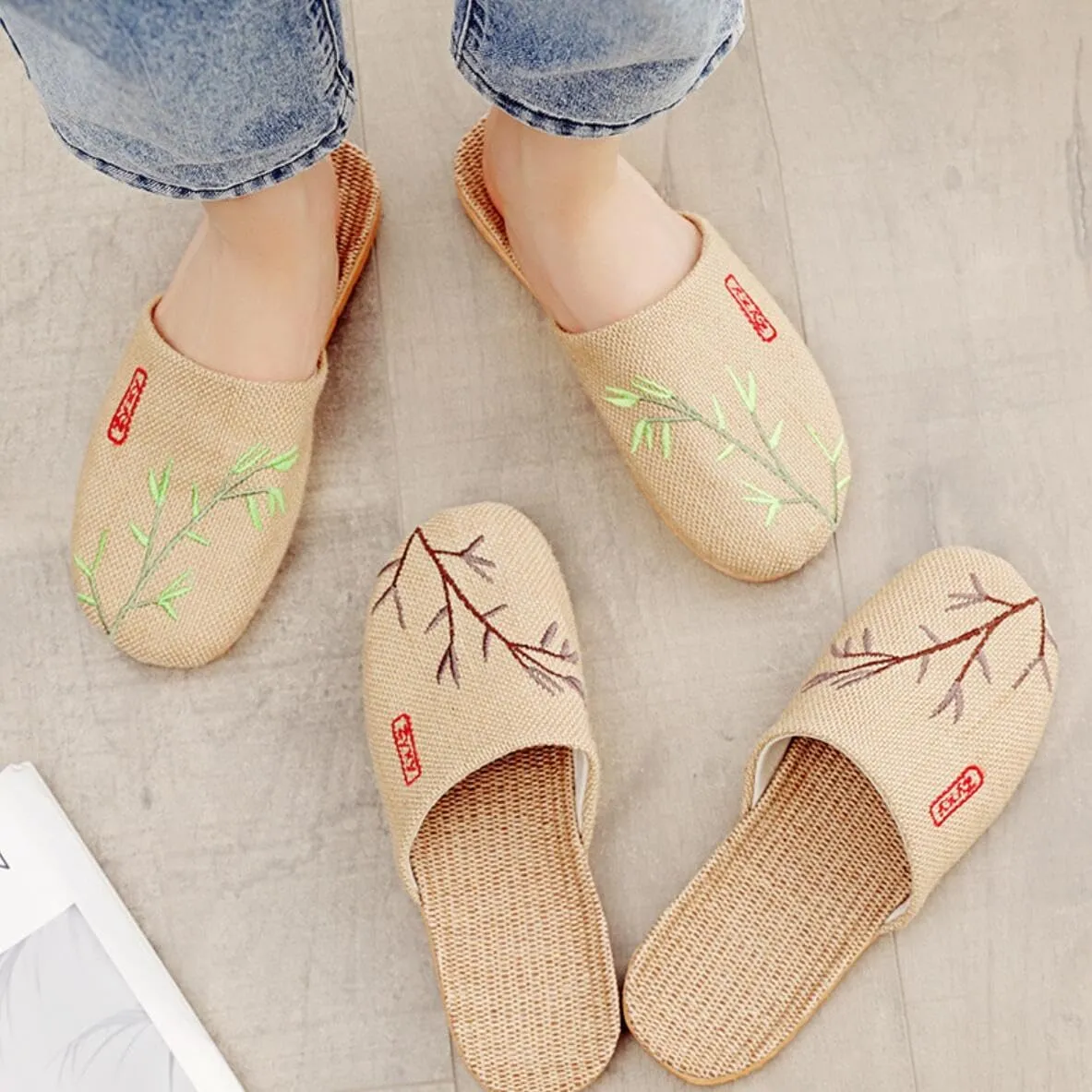 Gaolinci Linen Embroidered Slippers, Breathable Summer Home Slippers, Mens and Womens Sandals