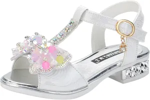 Girls Glitter Rhinestone Sandals Open Toe T-Strap Low-Heel Party Shoes Sequins Heel Sandals for Kids Toddler