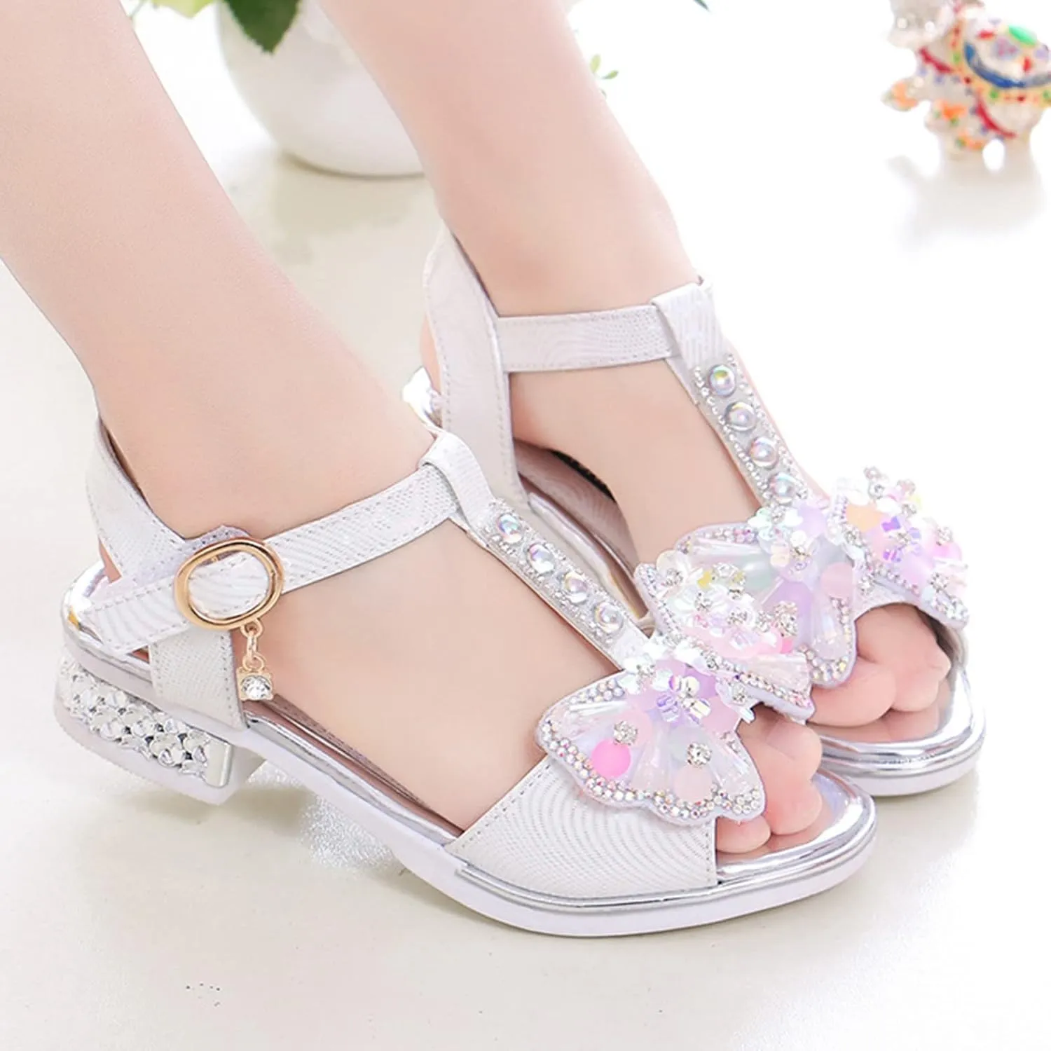 Girls Glitter Rhinestone Sandals Open Toe T-Strap Low-Heel Party Shoes Sequins Heel Sandals for Kids Toddler