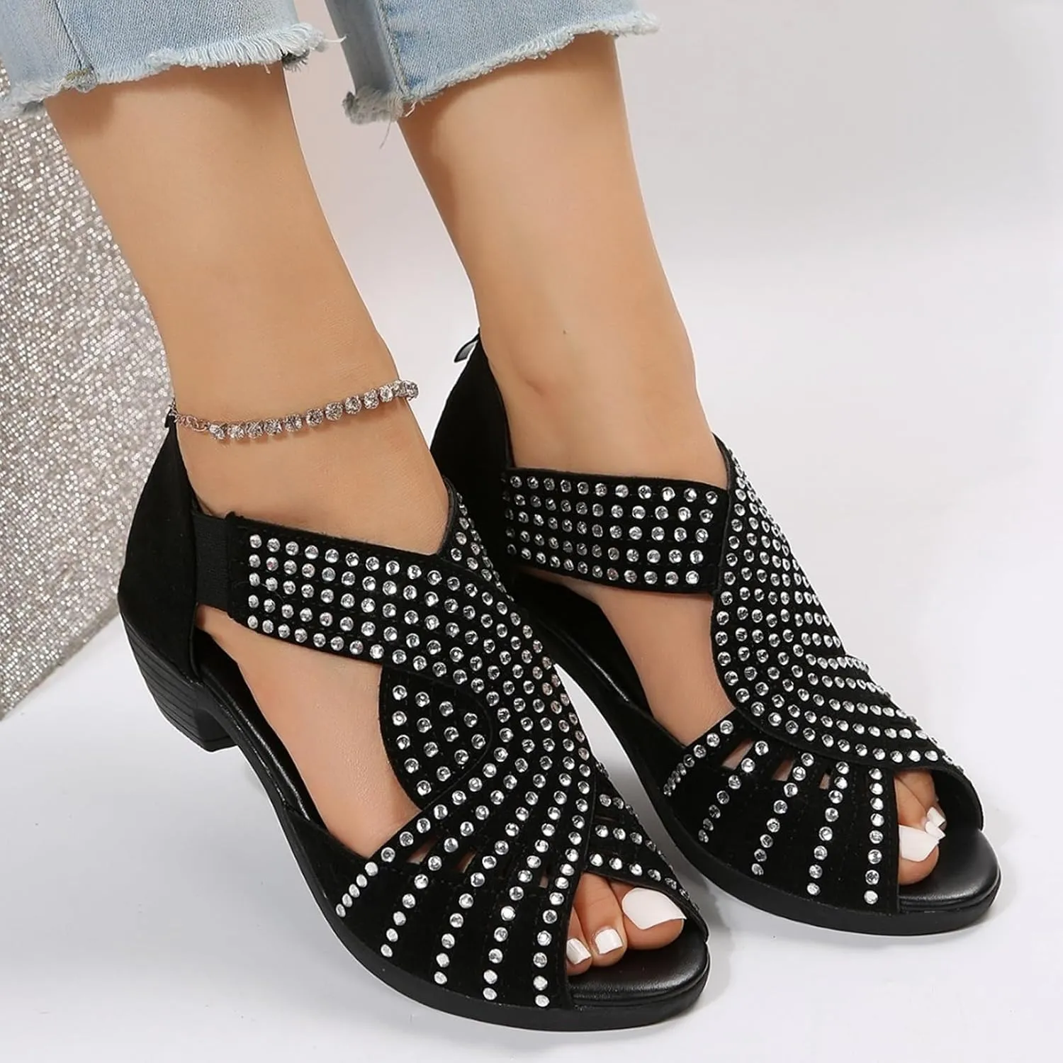 Glow Step Orthopedic Low Heel Cut-Out Sandals, Womens Sparkly Rhinestone Block Heel Sandals, Open Toe Dress Shoes