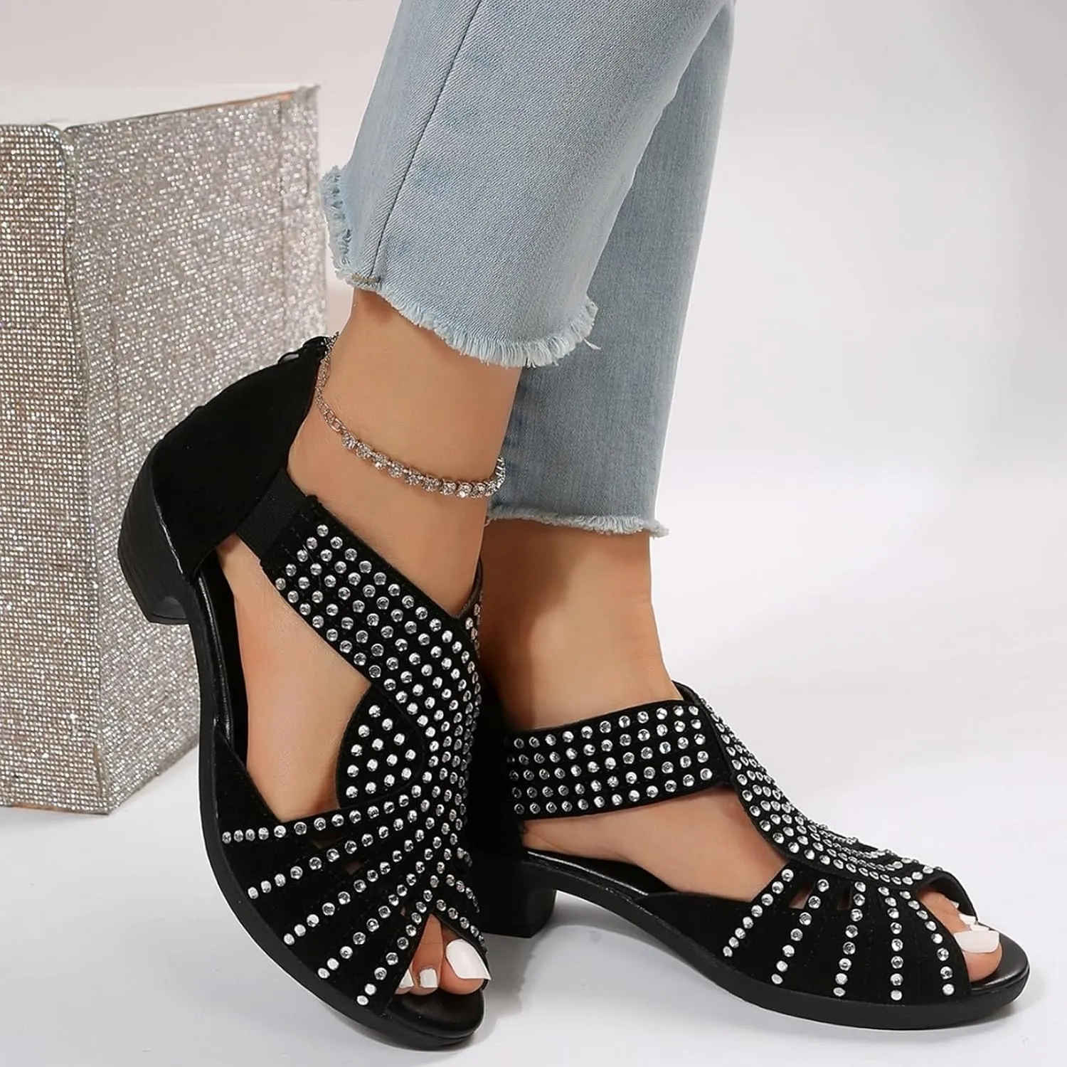 Glow Step Orthopedic Low Heel Cut-Out Sandals, Womens Sparkly Rhinestone Block Heel Sandals, Open Toe Dress Shoes