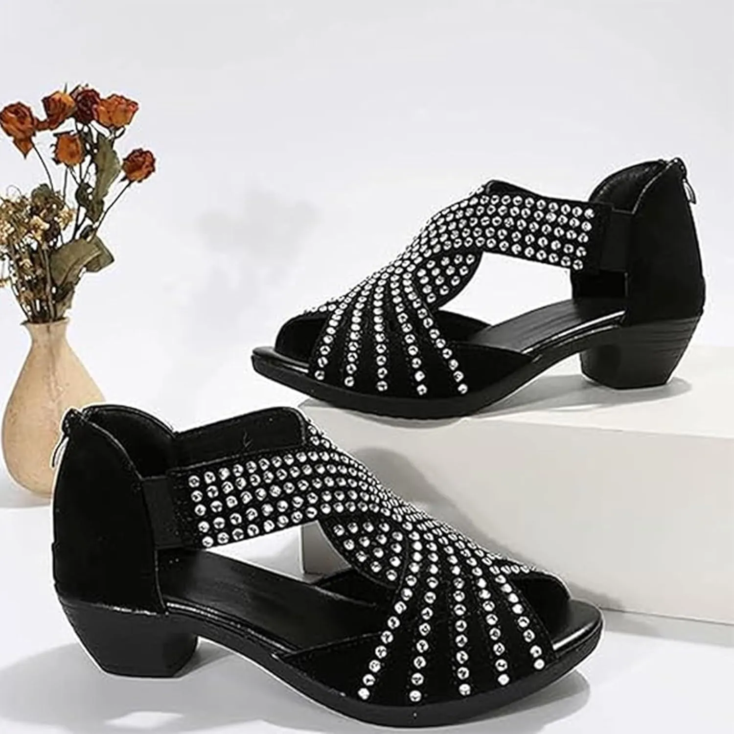 Glow Step Orthopedic Low Heel Cut-Out Sandals, Womens Sparkly Rhinestone Block Heel Sandals, Open Toe Dress Shoes