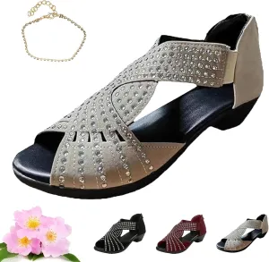 Glow Step Orthopedic Low Heel Cut-Out Sandals, Womens Sparkly Rhinestone Block Heel Sandals, Open Toe Dress Shoes