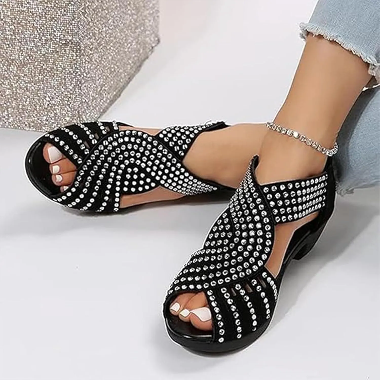 Glow Step Orthopedic Low Heel Cut-Out Sandals, Womens Sparkly Rhinestone Block Heel Sandals, Open Toe Dress Shoes