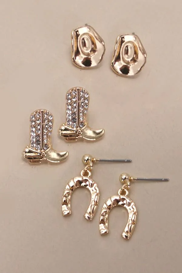 Gold Western Earrings Trio Set
