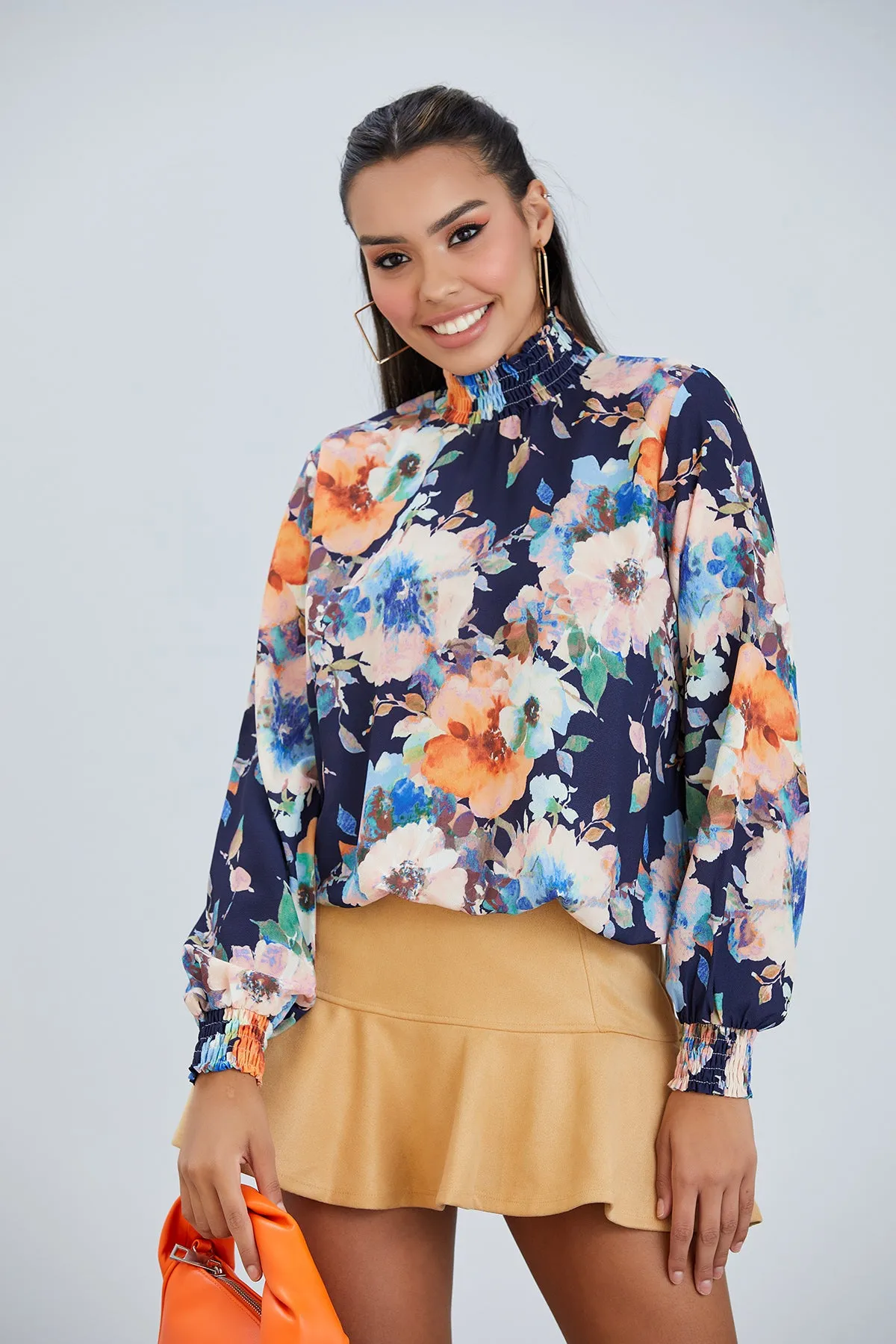 High Neck Long Sleeve Oversize Top in Navy Floral