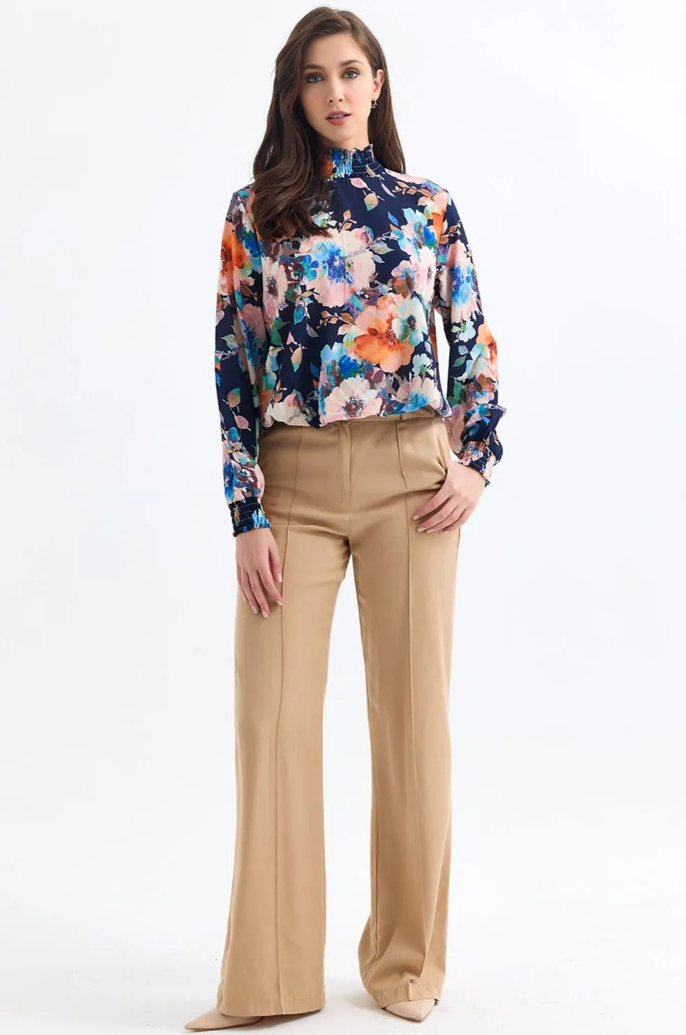 High Neck Long Sleeve Oversize Top in Navy Floral