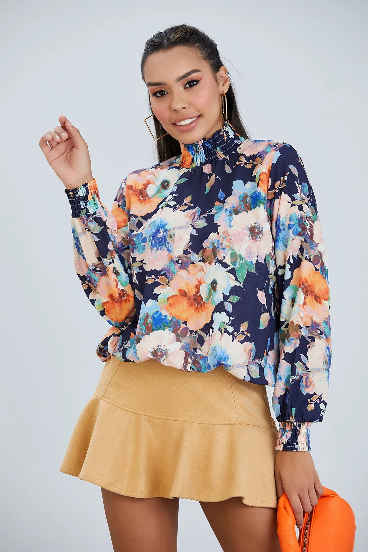 High Neck Long Sleeve Oversize Top in Navy Floral