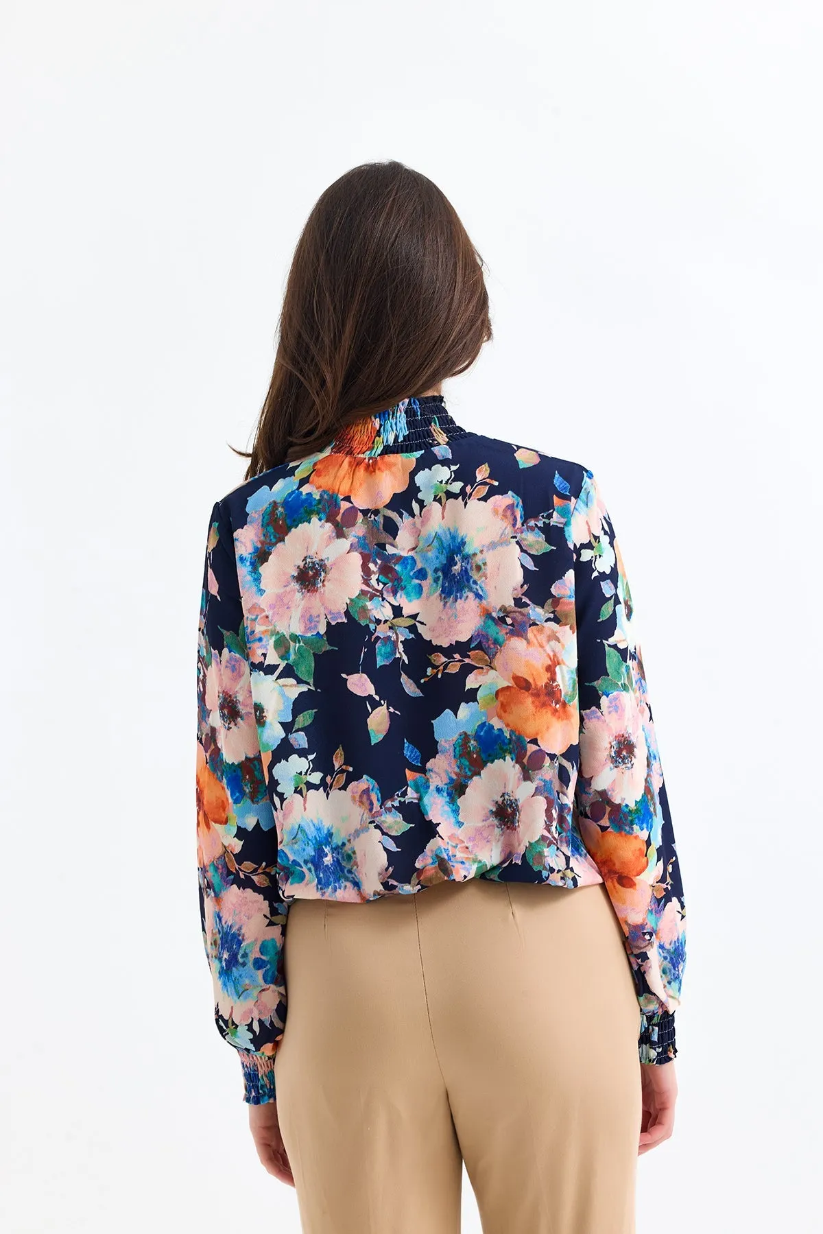 High Neck Long Sleeve Oversize Top in Navy Floral