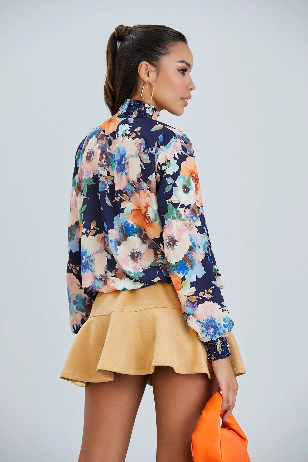 High Neck Long Sleeve Oversize Top in Navy Floral