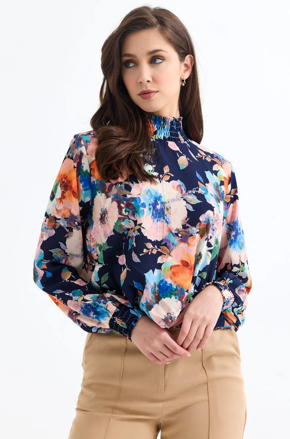 High Neck Long Sleeve Oversize Top in Navy Floral