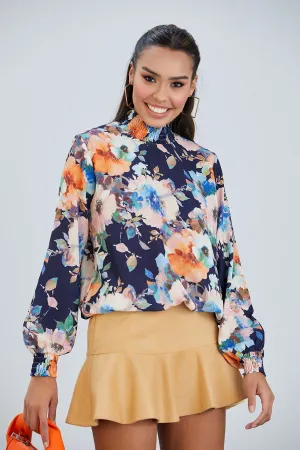 High Neck Long Sleeve Oversize Top in Navy Floral