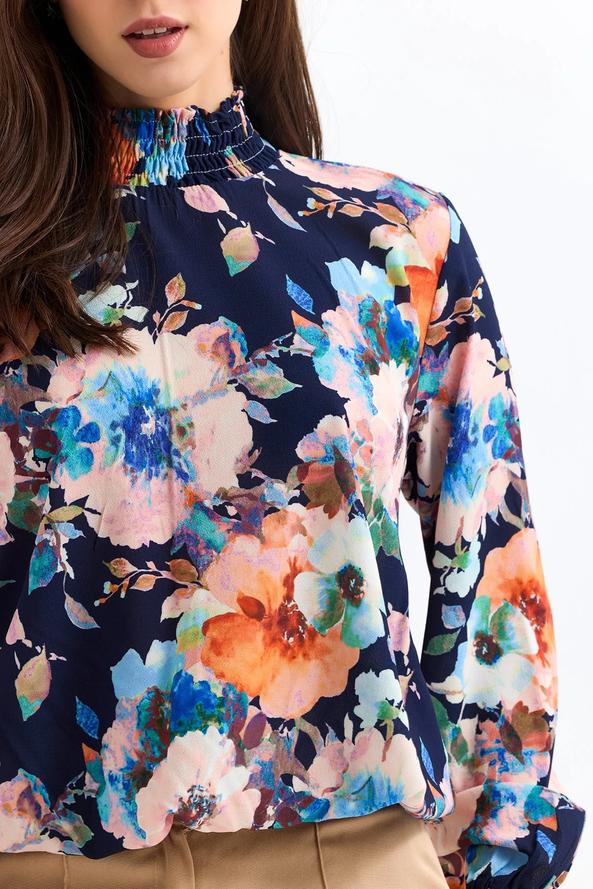 High Neck Long Sleeve Oversize Top in Navy Floral