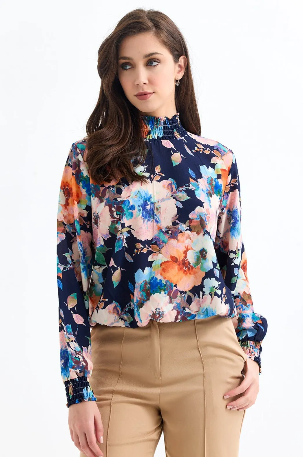 High Neck Long Sleeve Oversize Top in Navy Floral