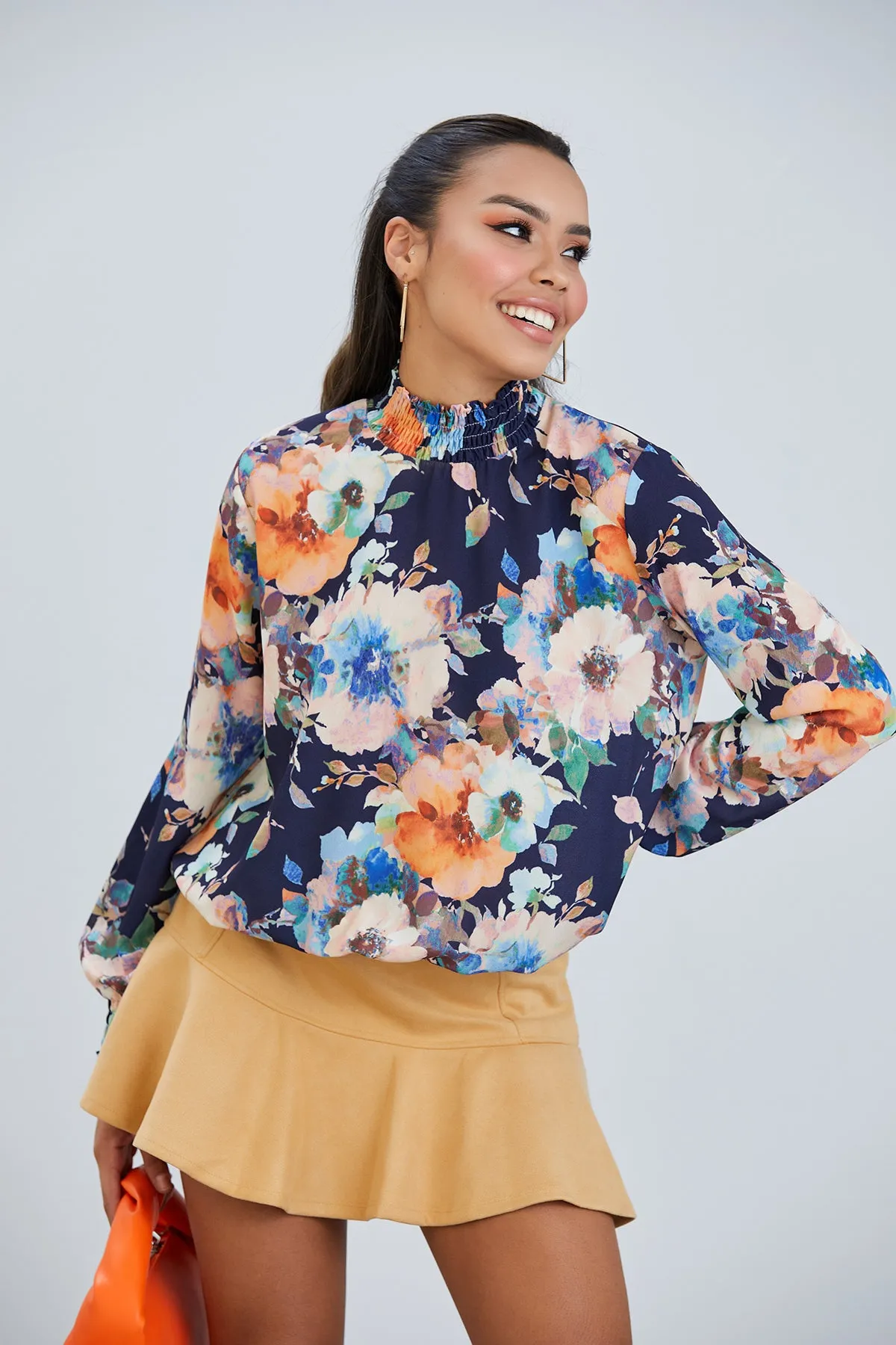 High Neck Long Sleeve Oversize Top in Navy Floral