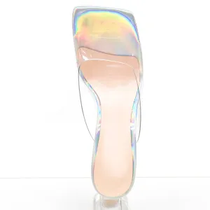 Holographic Transparent Chunky Heel Square Toe Sandals Mules