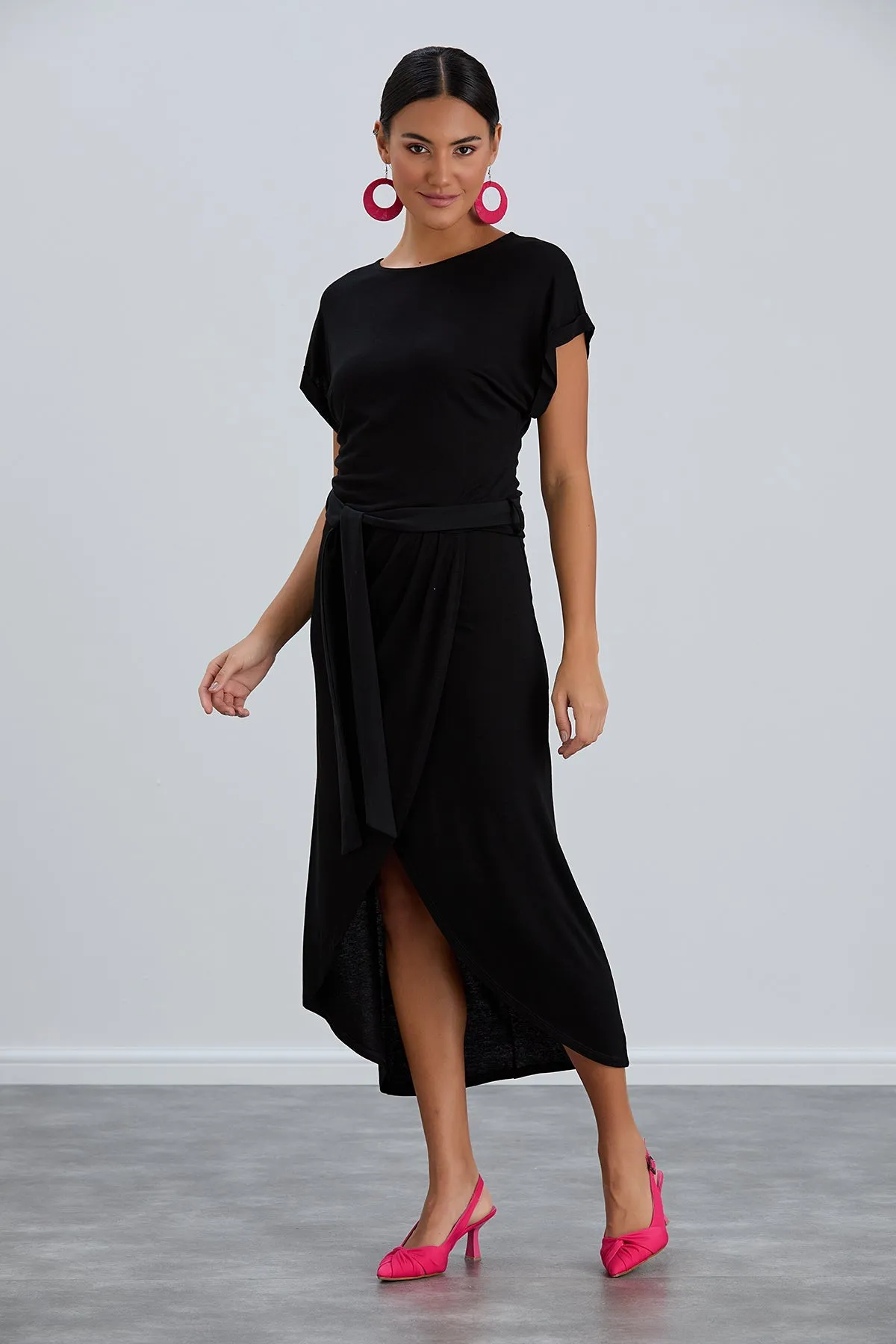 Jet Black Short Sleeve Wrap Dress
