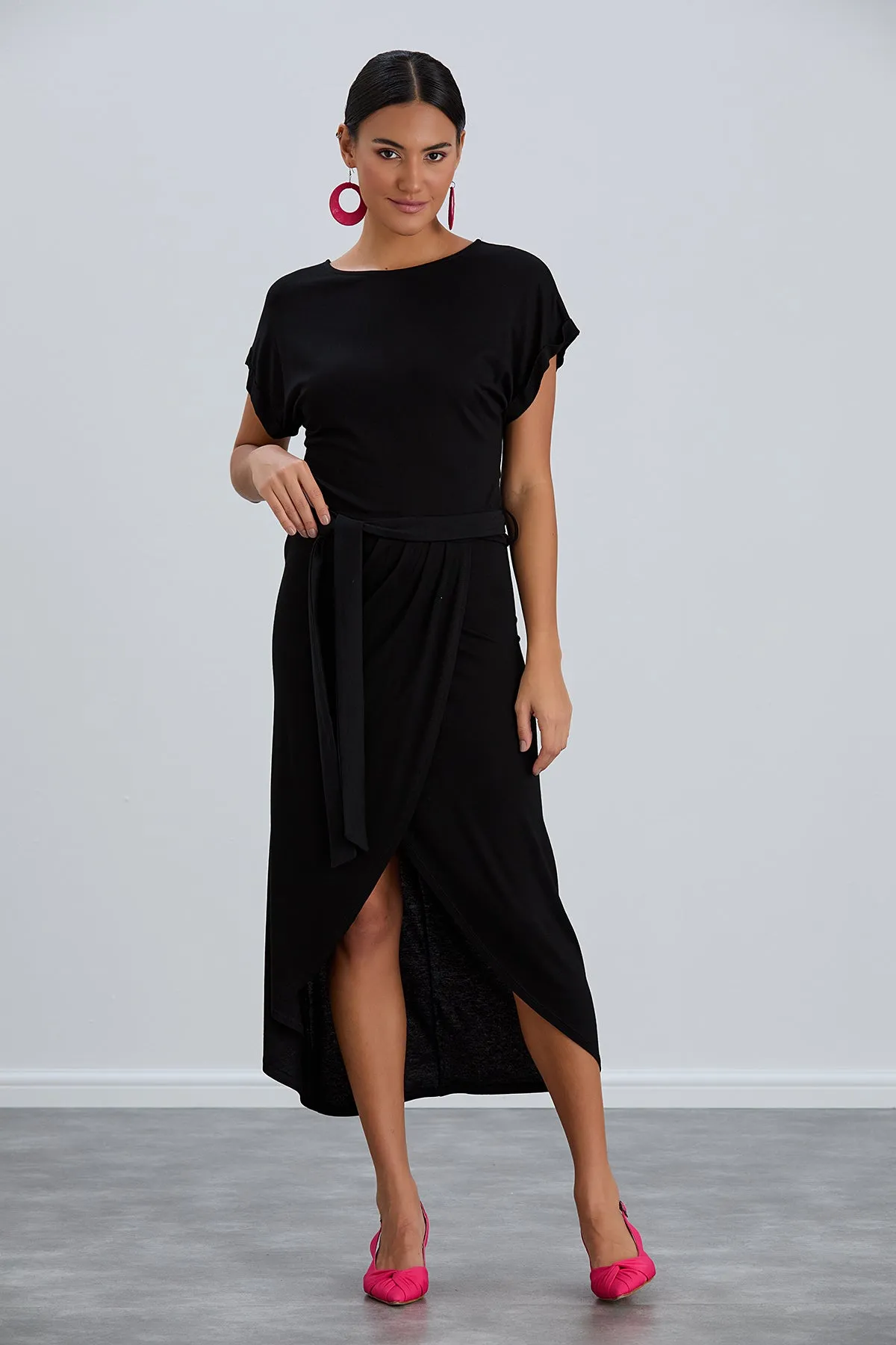 Jet Black Short Sleeve Wrap Dress