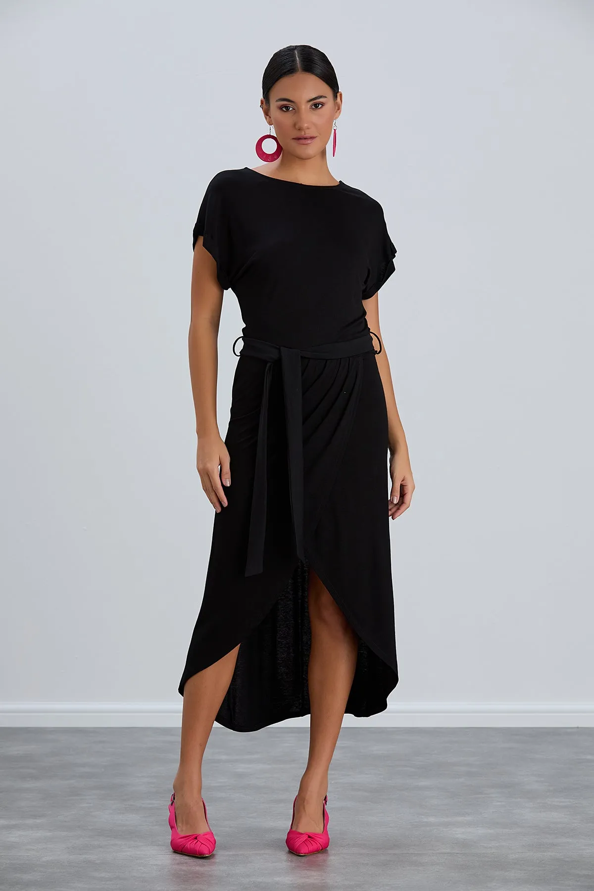 Jet Black Short Sleeve Wrap Dress