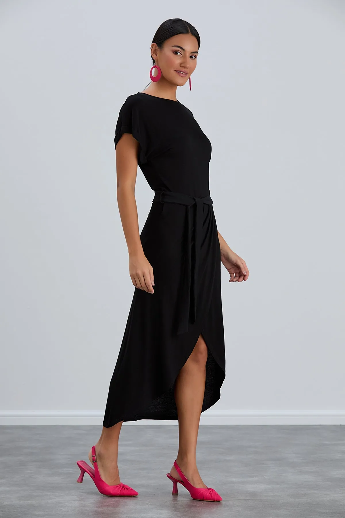 Jet Black Short Sleeve Wrap Dress