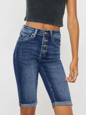 Kancan Mandy Cuffed Hem Button Fly Blue Denim Jean Shorts
