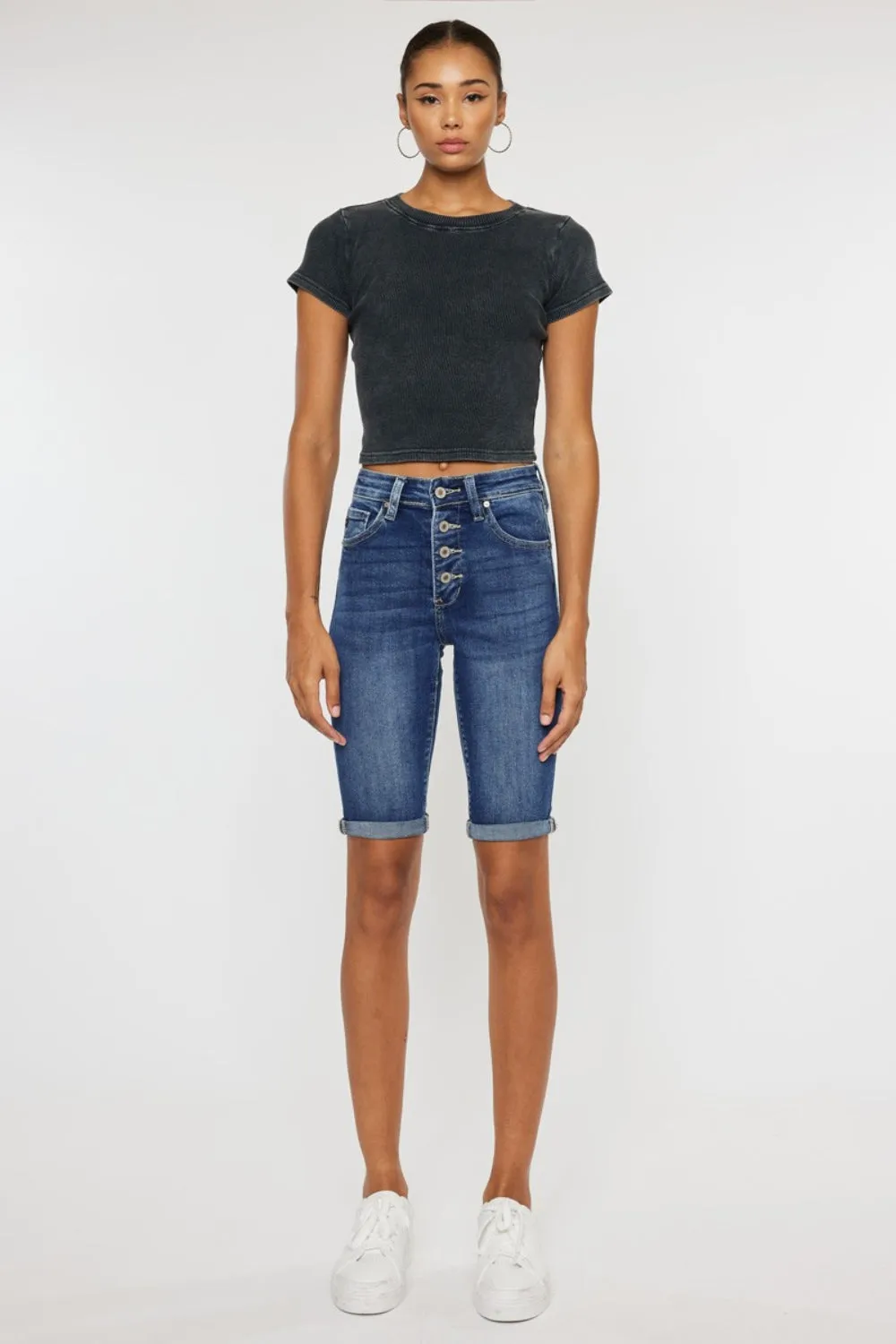 Kancan Mandy Cuffed Hem Button Fly Blue Denim Jean Shorts