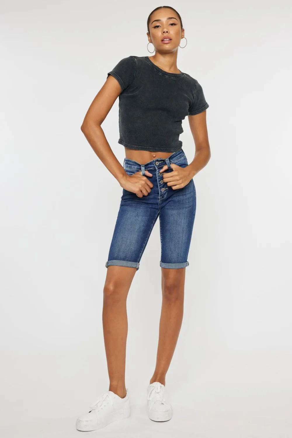 Kancan Mandy Cuffed Hem Button Fly Blue Denim Jean Shorts