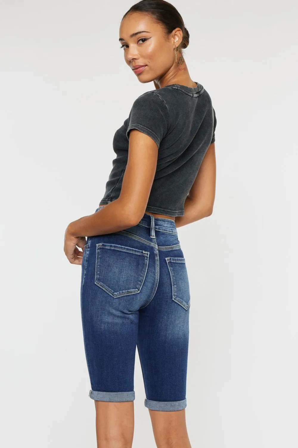 Kancan Mandy Cuffed Hem Button Fly Blue Denim Jean Shorts