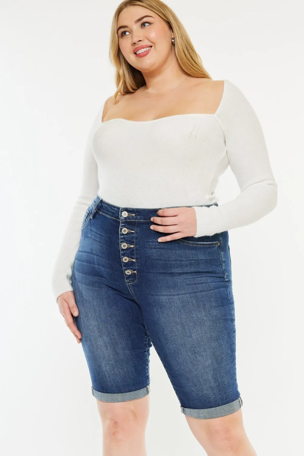 Kancan Mandy Cuffed Hem Button Fly Blue Denim Jean Shorts