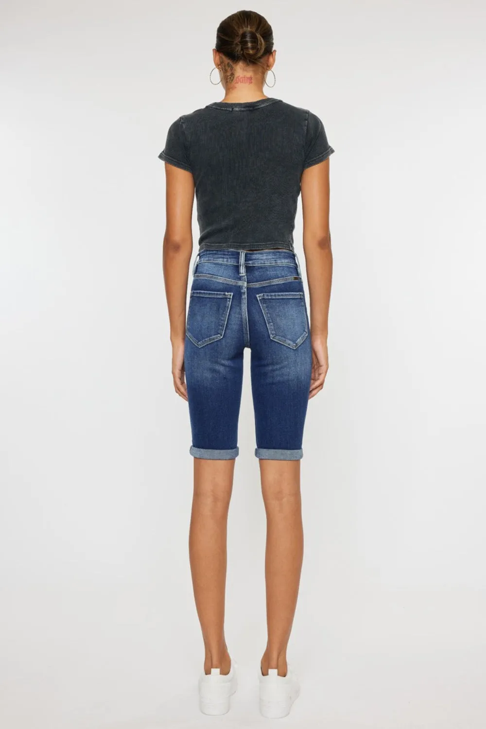 Kancan Mandy Cuffed Hem Button Fly Blue Denim Jean Shorts