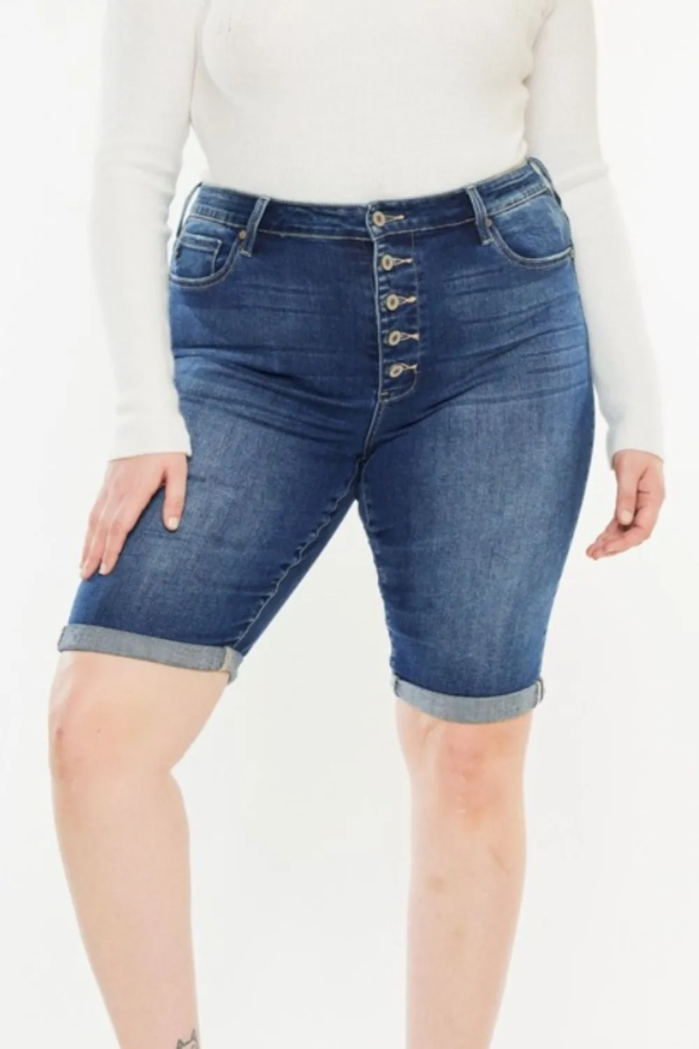 Kancan Mandy Cuffed Hem Button Fly Blue Denim Jean Shorts