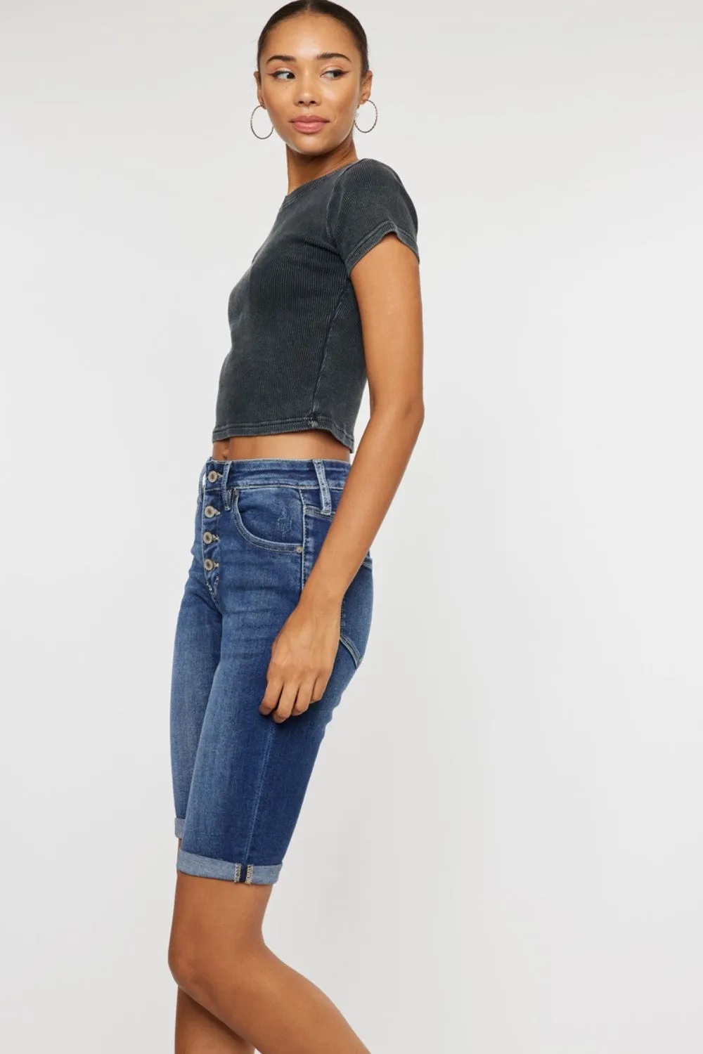 Kancan Mandy Cuffed Hem Button Fly Blue Denim Jean Shorts