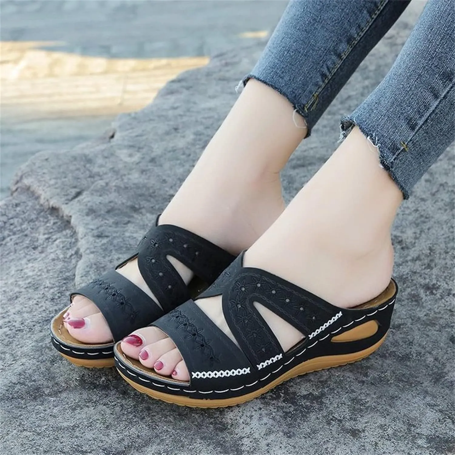 Ladmiple Sandals Women Wedge Low Heel Orthopedic Arch Support Flip Flops Dressy Summer Comfortable Walking Orthotic Slides