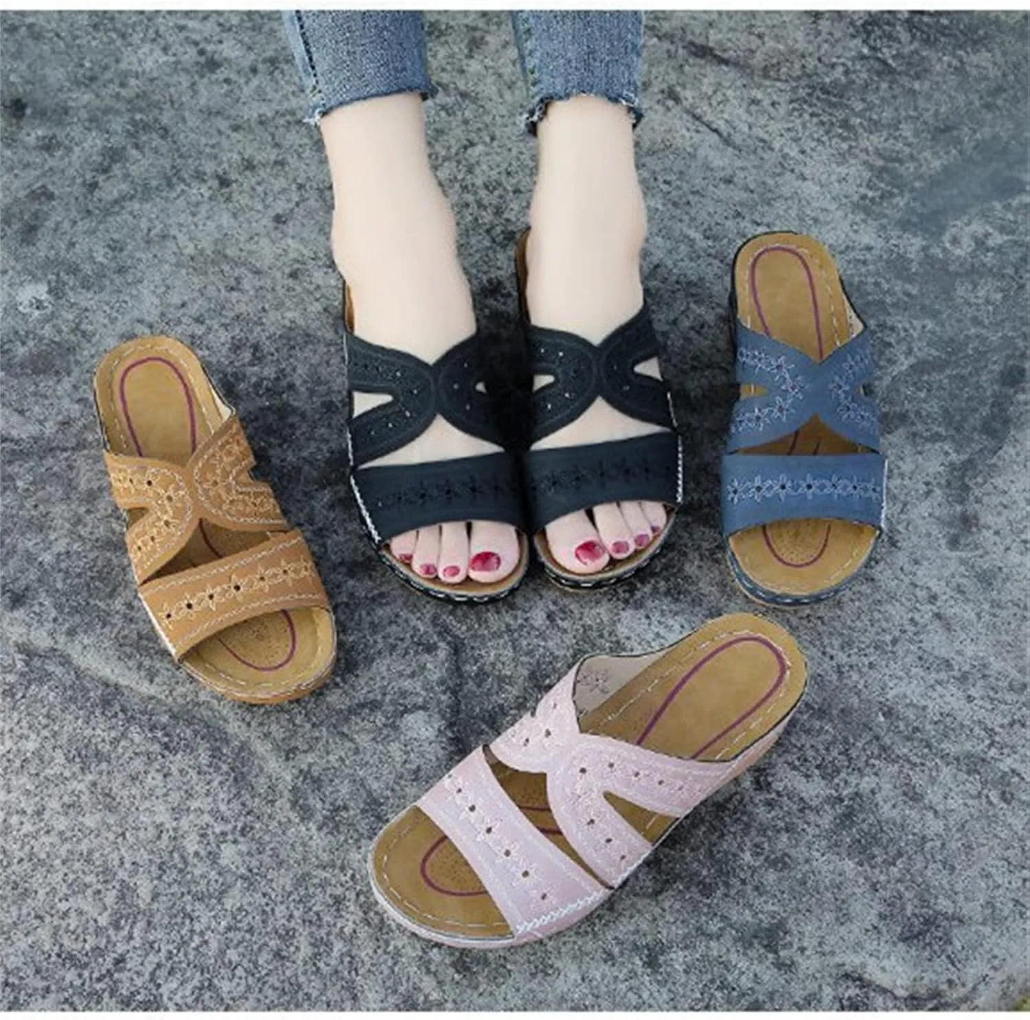 Ladmiple Sandals Women Wedge Low Heel Orthopedic Arch Support Flip Flops Dressy Summer Comfortable Walking Orthotic Slides