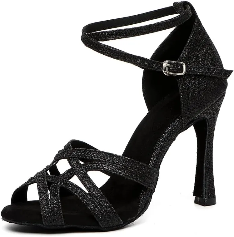 Latin Ballroom Dance Shoes Women 4 inch Heel Suede Sole Black Dance Heels Open Toe Salsa Bachata Parties Wedding Performance Professional Dancing Heels