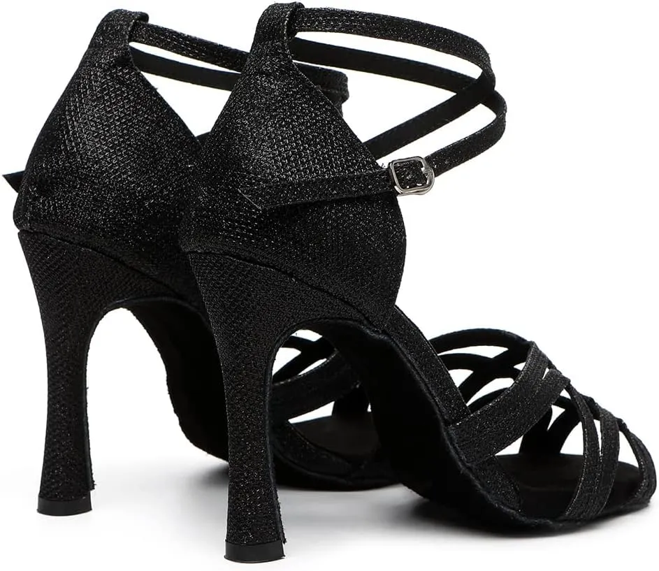 Latin Ballroom Dance Shoes Women 4 inch Heel Suede Sole Black Dance Heels Open Toe Salsa Bachata Parties Wedding Performance Professional Dancing Heels