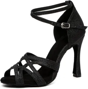 Latin Ballroom Dance Shoes Women 4 inch Heel Suede Sole Black Dance Heels Open Toe Salsa Bachata Parties Wedding Performance Professional Dancing Heels