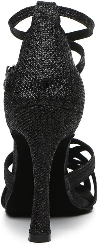 Latin Ballroom Dance Shoes Women 4 inch Heel Suede Sole Black Dance Heels Open Toe Salsa Bachata Parties Wedding Performance Professional Dancing Heels