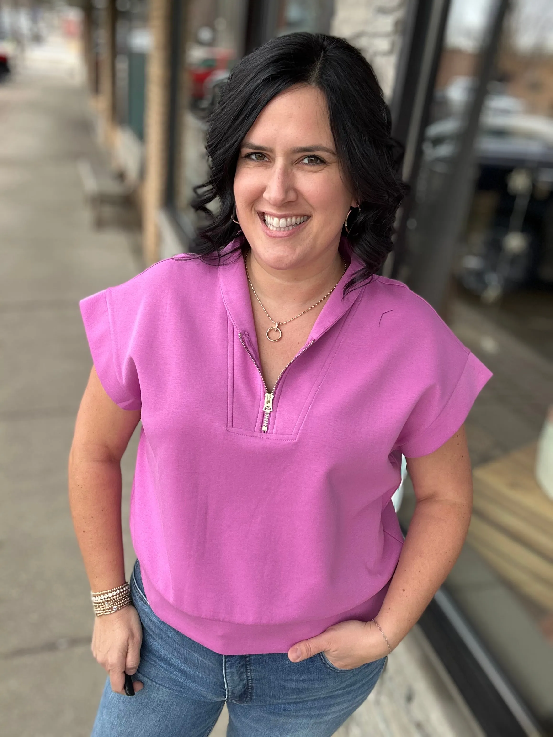 Magenta Short Sleeve Half Zip Scuba Top
